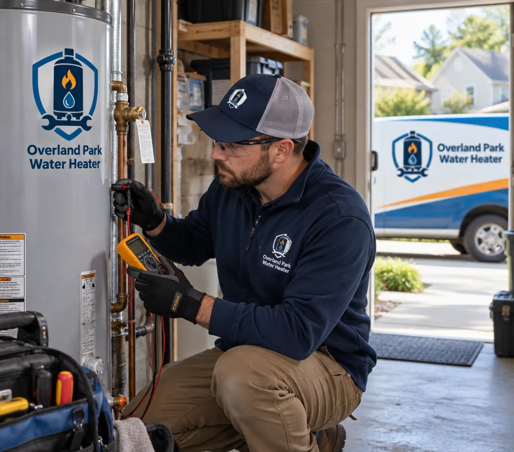 Technician diagnosing a residential tank water heater in an Overland Park utility room