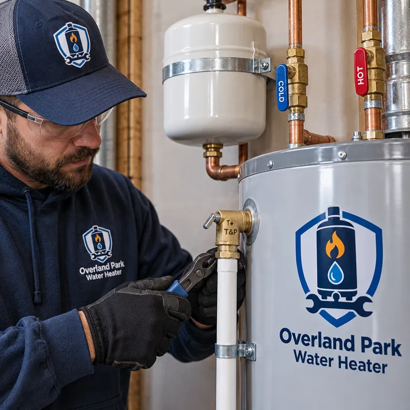 Properly installed water heater with T&P discharge piping, expansion tank, and labeled shutoff valves