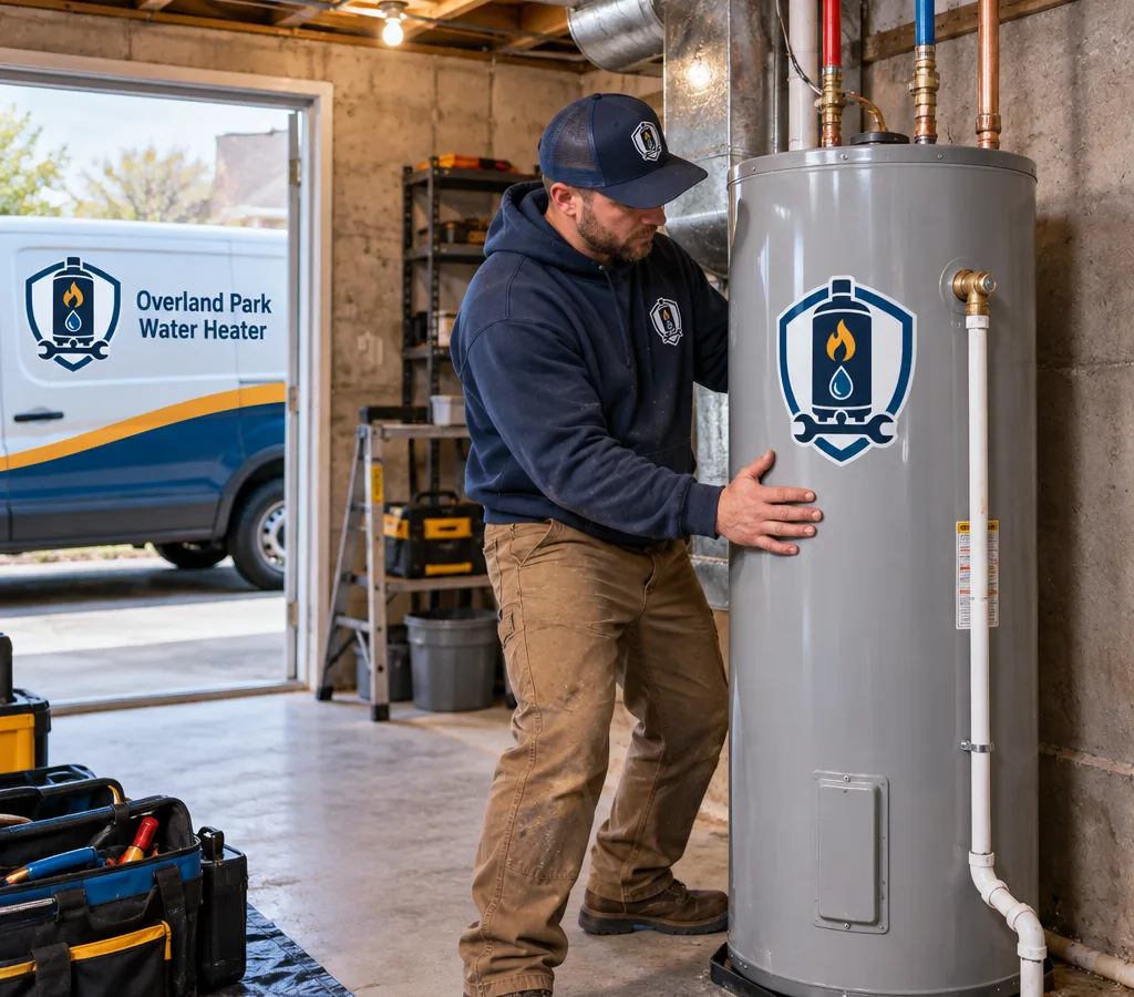 Technician positioning a new tank water heater in an Overland Park basement utility area