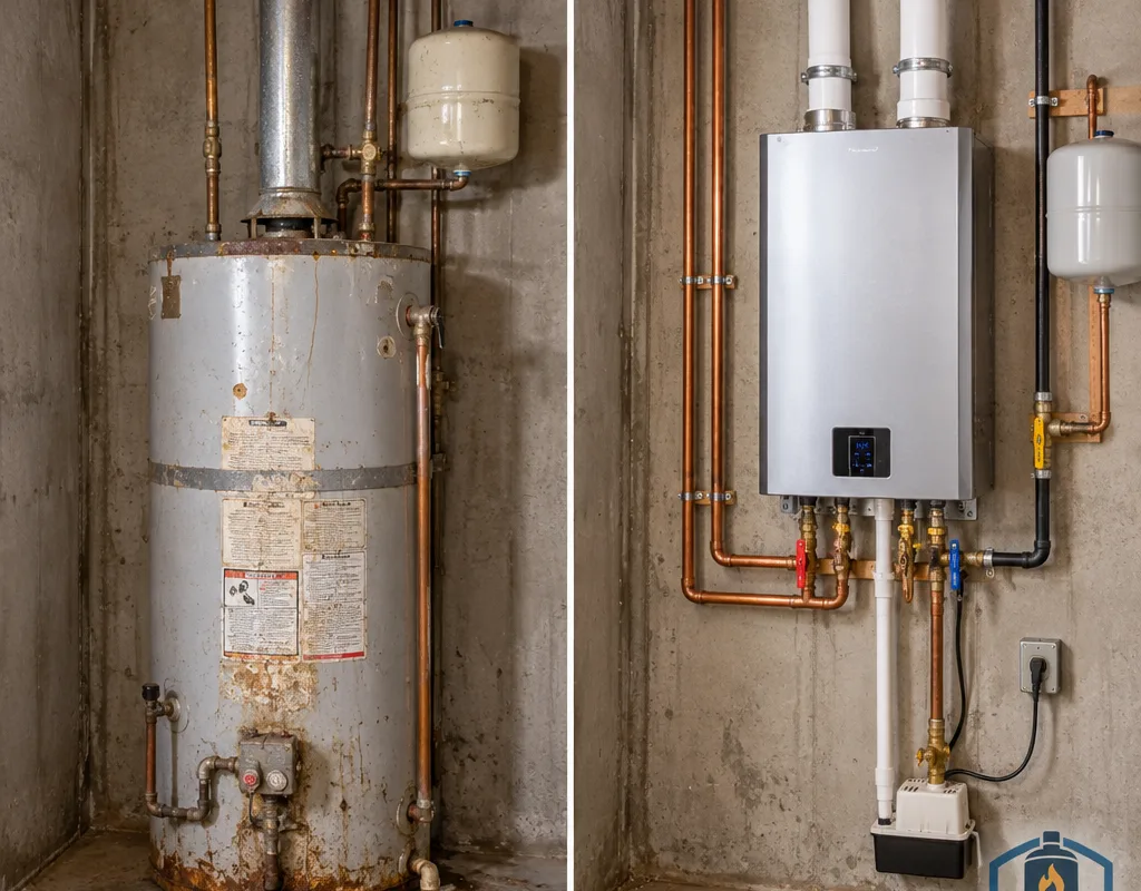 Before-and-after tank water heater area converted to a wall-mounted tankless system