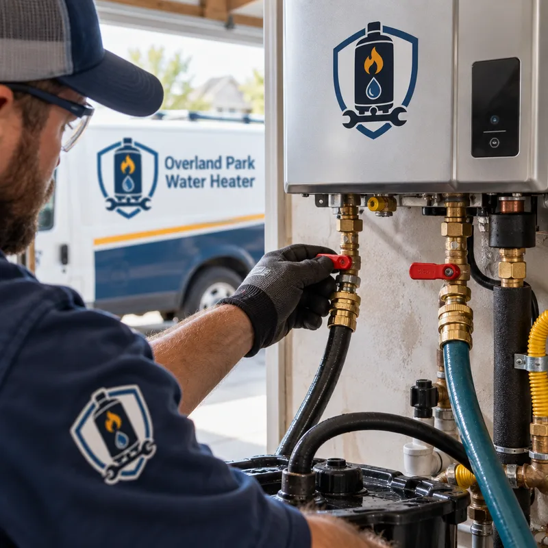 Isolation valves and flush port hoses connected to a tankless water heater