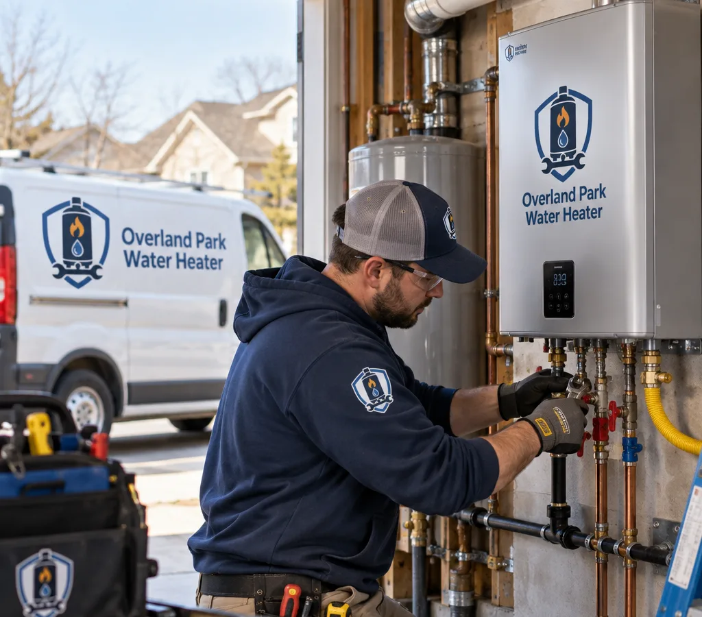 Technician installing a wall-mounted tankless water heater with visible gas line, venting, and service valves