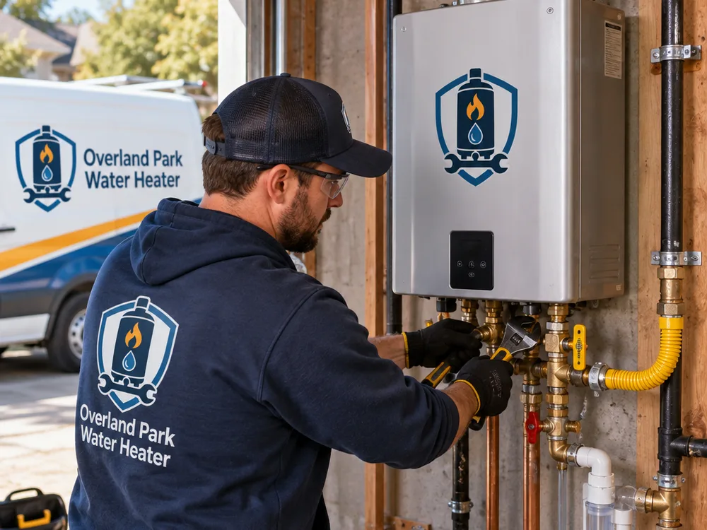 Tankless water heater conversion with new gas line, service valves, condensate drain, and vent piping