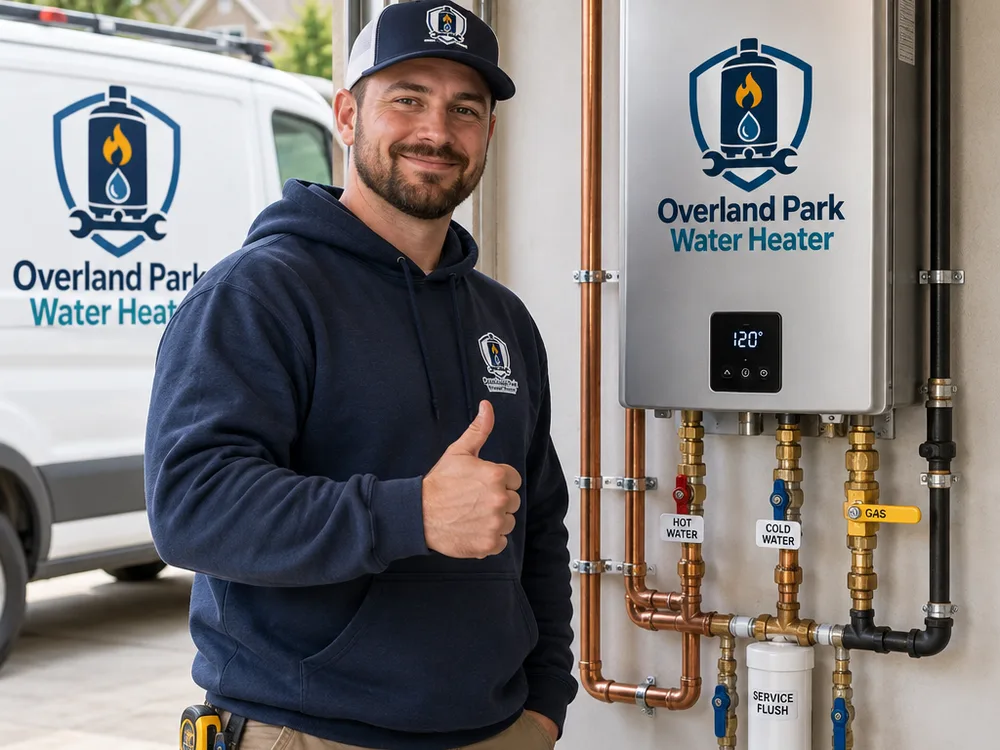 Neatly mounted tankless water heater with straight piping, labeled shutoffs, and visible service ports