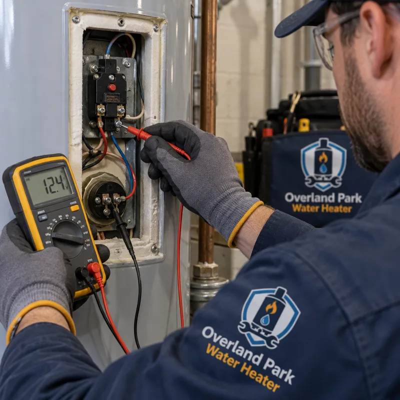 Electric water heater thermostat and heating element wiring being tested with a multimeter