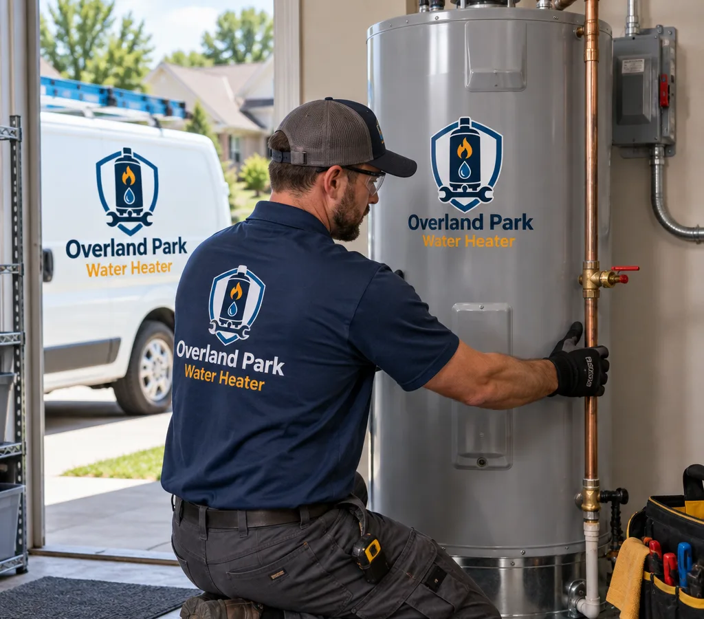 Licensed technician positioning a new electric tank water heater in a clean residential utility room
