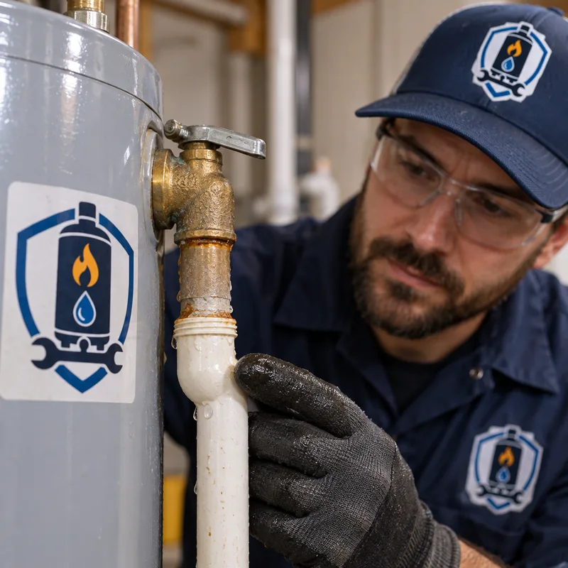 Technician checking a water heater pressure relief valve and discharge pipe for moisture and corrosion