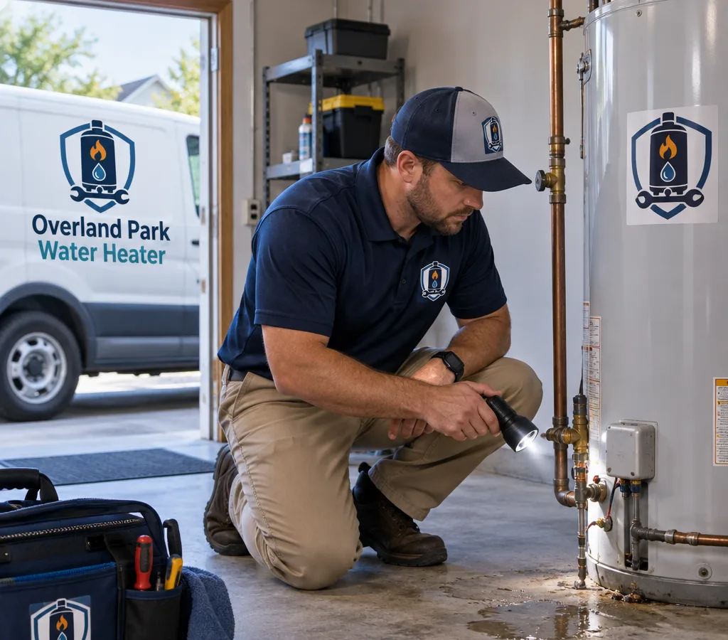 Technician inspecting a leaking residential tank water heater and a small floor puddle