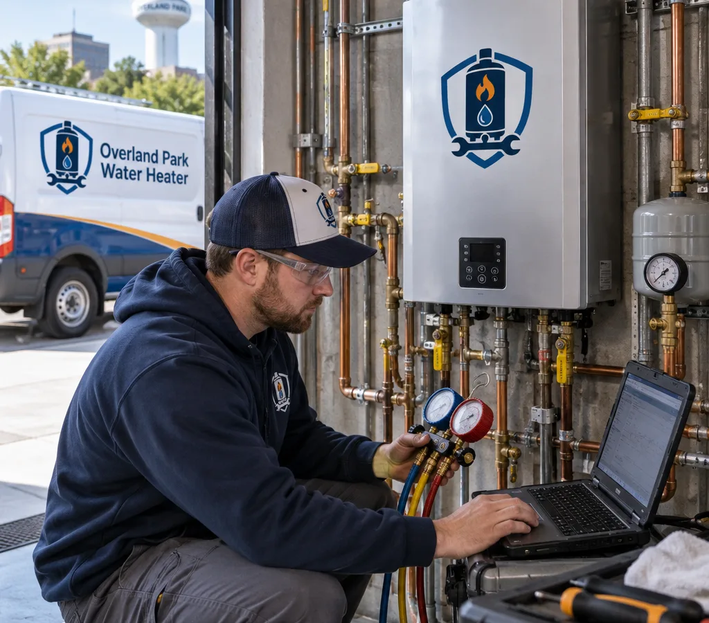 Technician diagnosing a wall-mounted commercial tankless water heater with gauges and a laptop