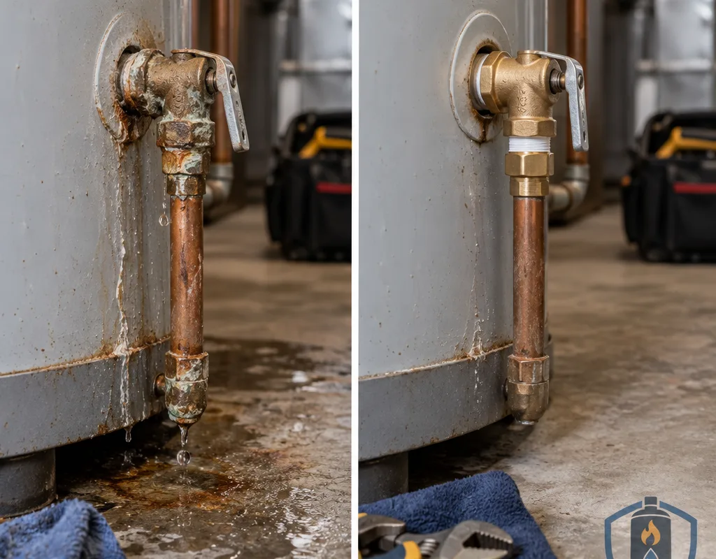 Before-and-after view of a corroded leaking water heater valve area after valve replacement and leak testing