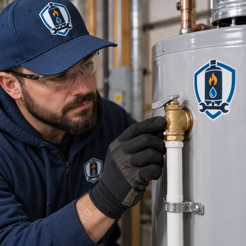 Technician checking a water heater temperature and pressure relief valve and discharge line for leakage