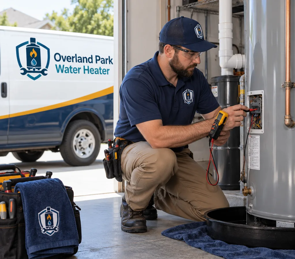 Technician inspecting a residential water heater with diagnostic tools in a protected utility room