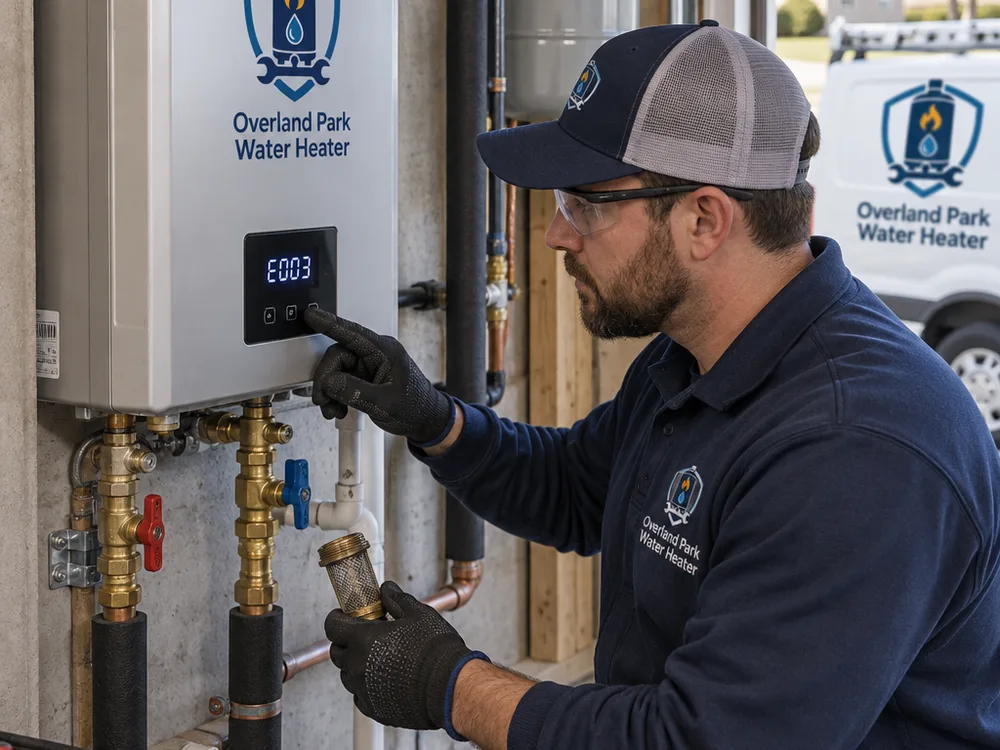 Technician reading a tankless water heater error code while checking isolation valves and the inlet filter