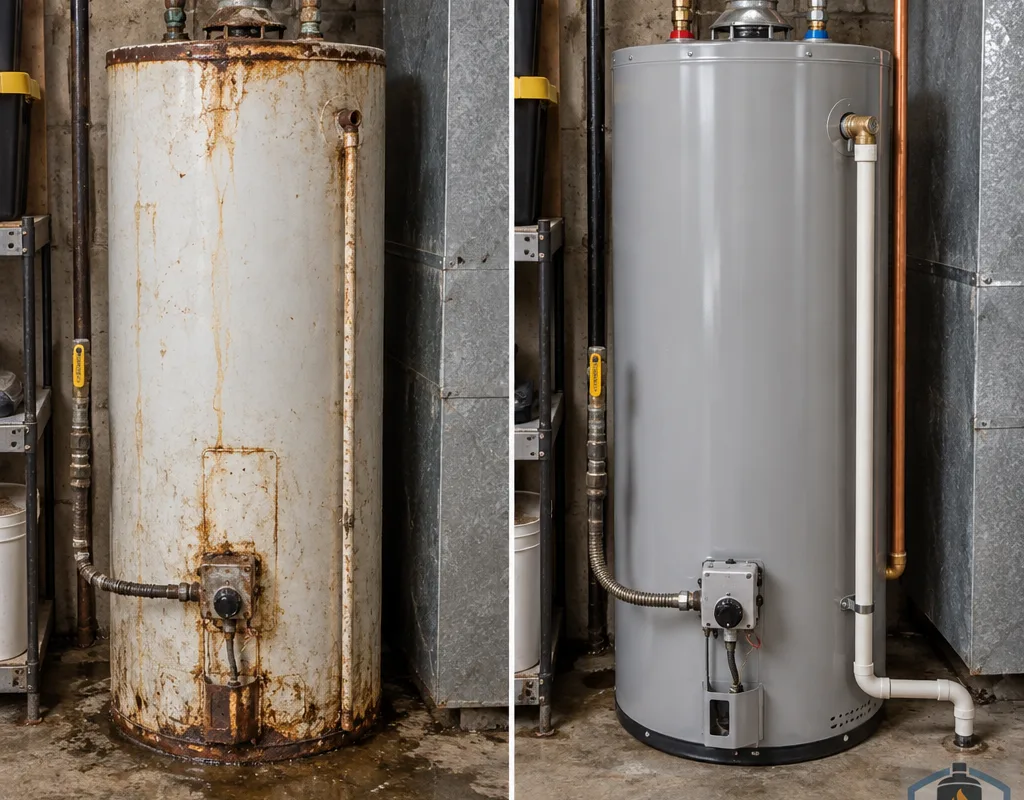Older corroded tank water heater beside its replacement with updated connections and correctly routed TPR piping