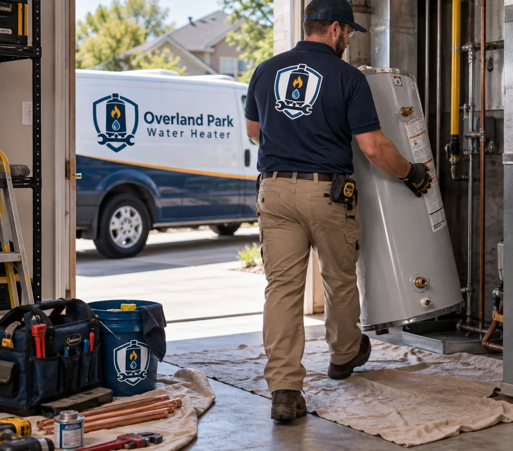 Plumber carrying a new tank water heater into a Prairie Village home utility area with drop cloths and tools staged for installation
