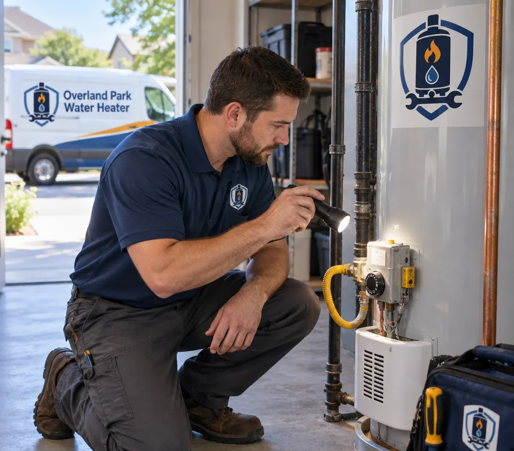 Technician inspecting the gas control valve and connections on a residential tank water heater in a Lenexa utility room