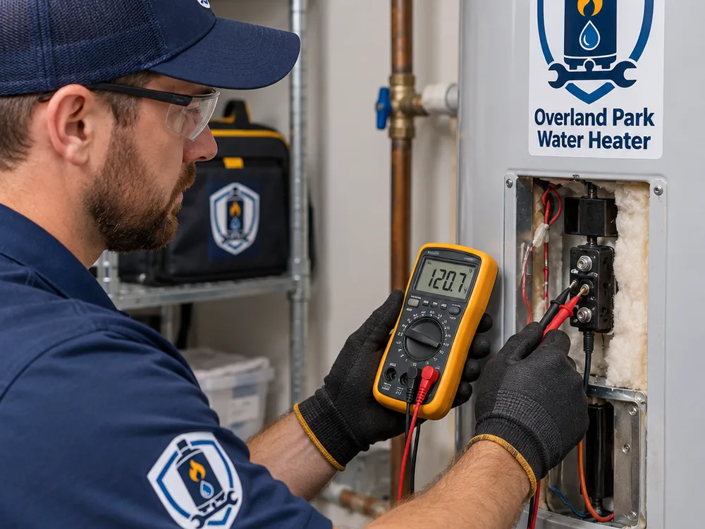Technician testing an electric water heater thermostat with a multimeter in a tidy mechanical closet