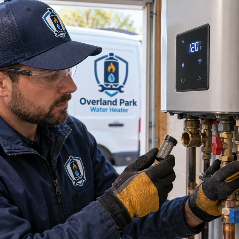 Technician reading a tankless water heater diagnostic display and checking its inlet screen and service valves