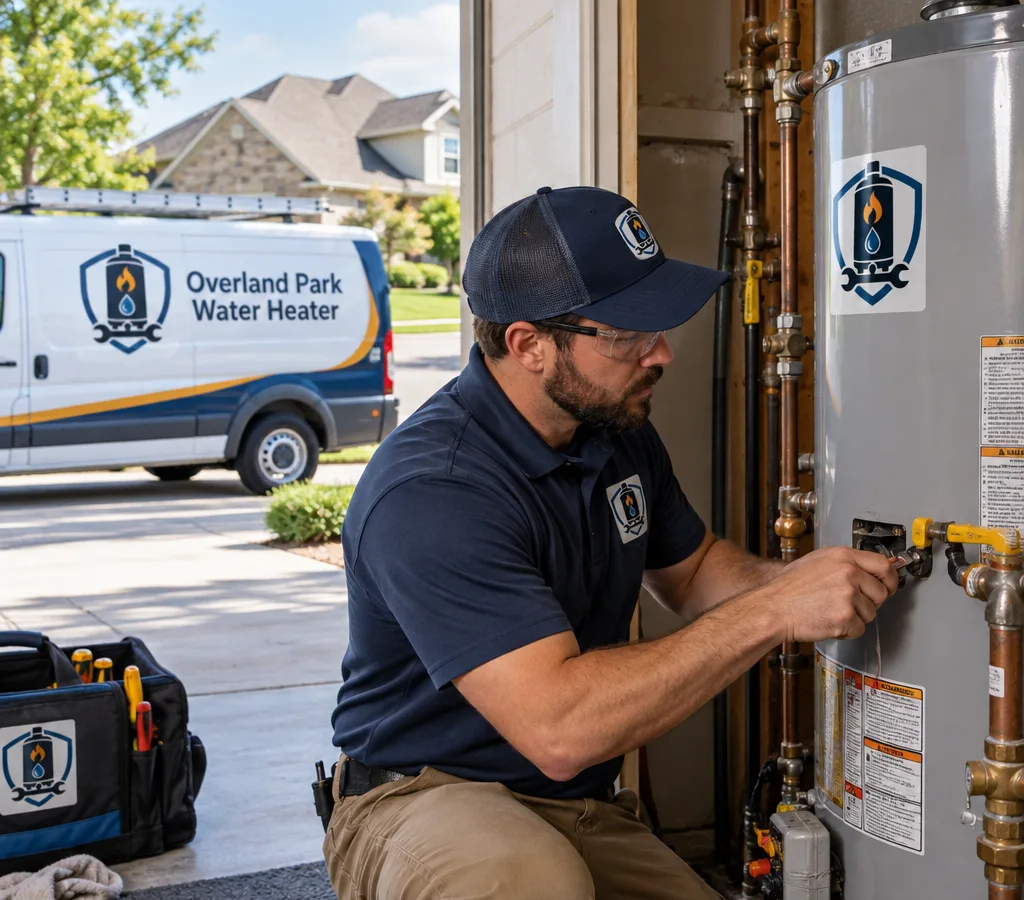 Technician working on a residential water heater in a utility closet with a service van outside a Shawnee-area home