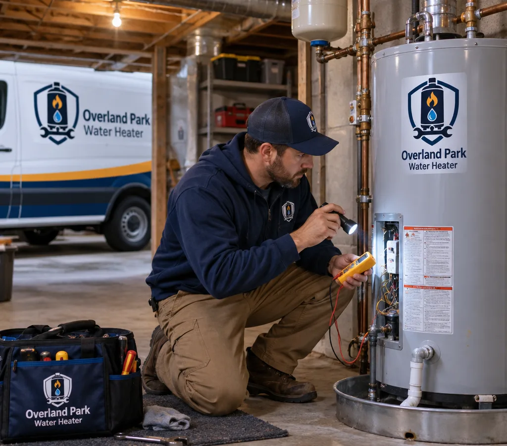 Plumber inspecting a tank water heater with diagnostic tools in a basement utility area