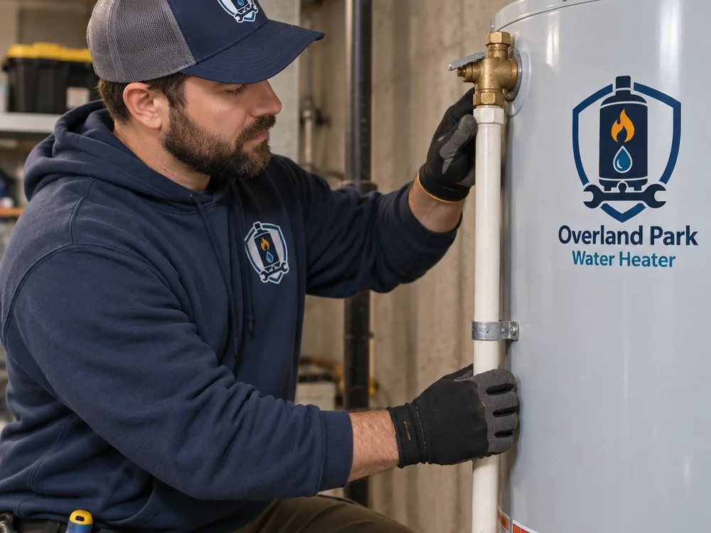 Technician inspecting a water heater relief valve discharge pipe and fittings for leaks