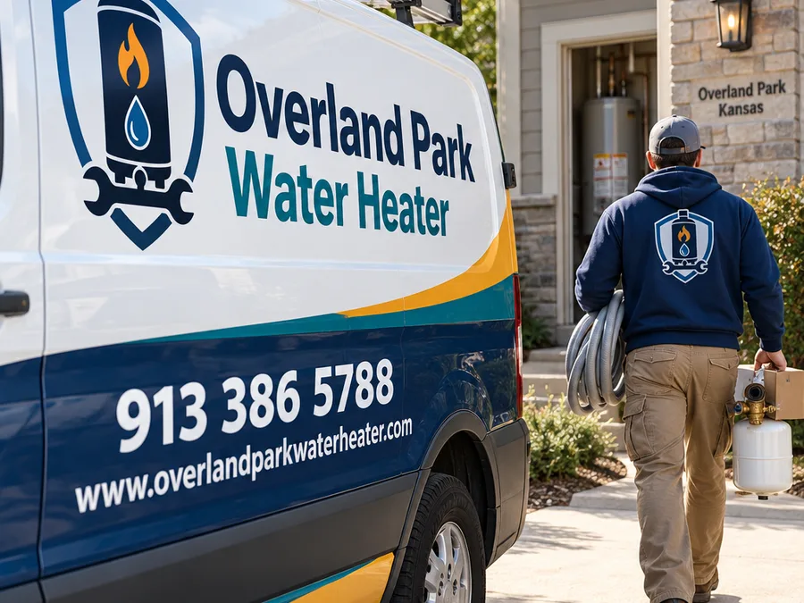 Technician preparing to inspect a leaking water heater at an Overland Park home