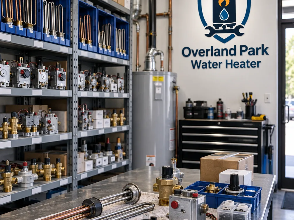 Organized local water heater service workspace with elements, thermostats, gas valves, and fittings